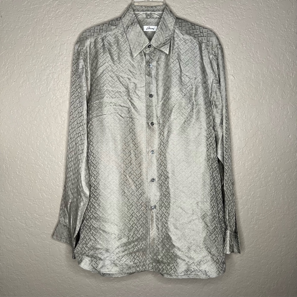 Brioni Silver Hand Made Italian  Mens Shirt Sz M Luxury Party Wedding loose